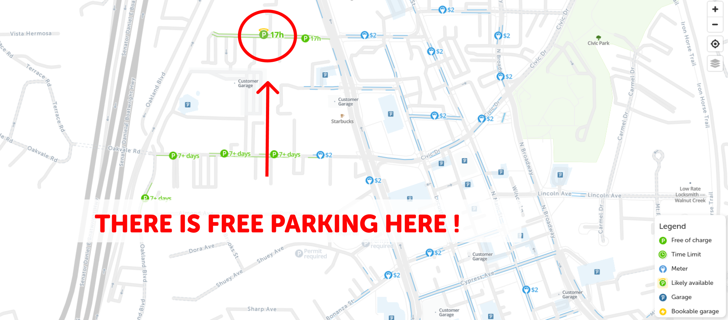 map of free parking in Walnut creek - SpotAngels